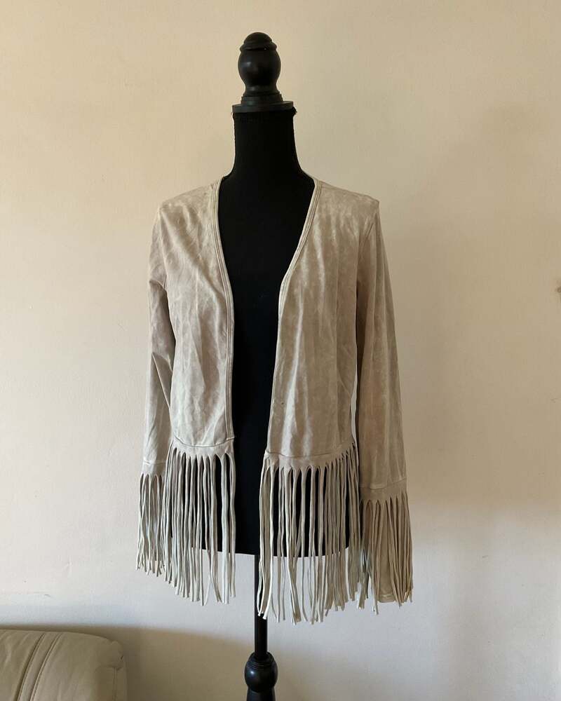 Poof Fringe Jacket Womens M Tan...